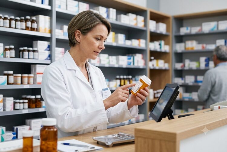 Pharmacist checking a prescription bottle