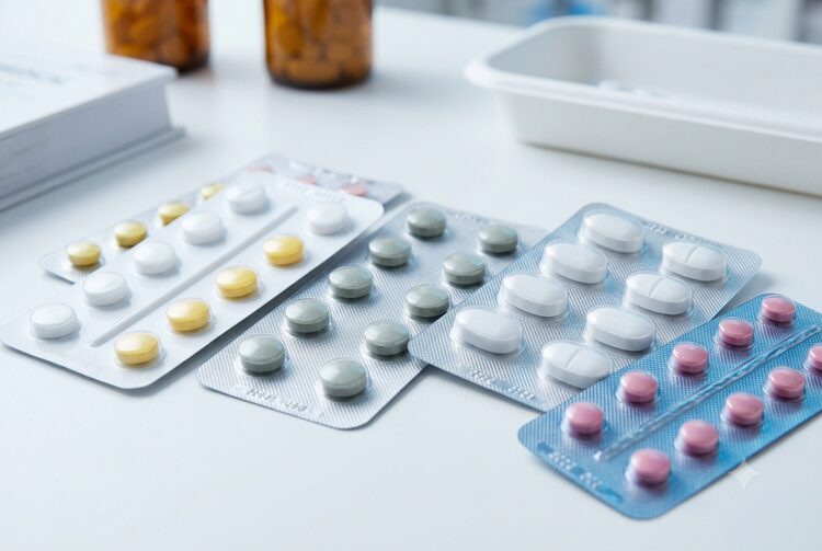 Assorted blister packs of blood pressure tablets