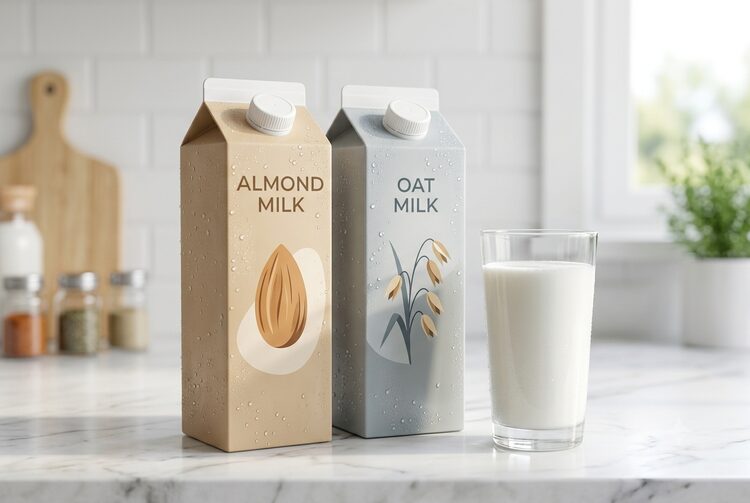 Cartons of refrigerated plant-based beverage