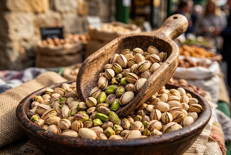 Pistachios in a market bin
