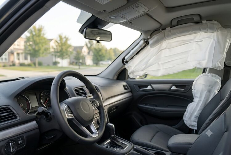 Side-curtain airbag deployed along a car window