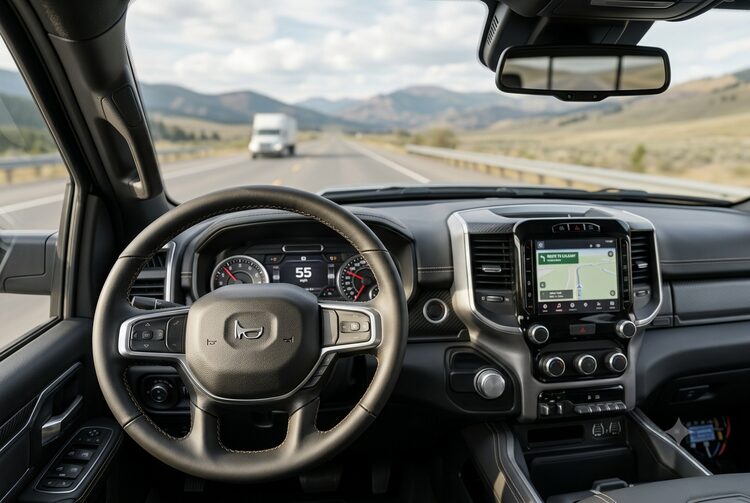 Pickup truck interior with steering wheel