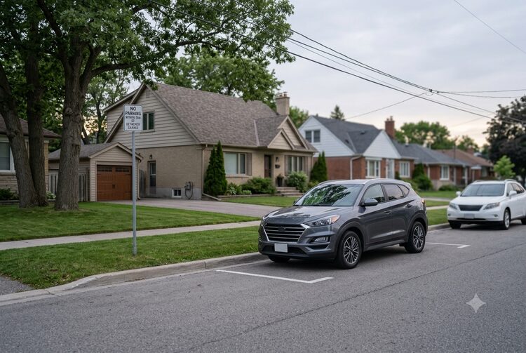 Car parked on a street away from a house